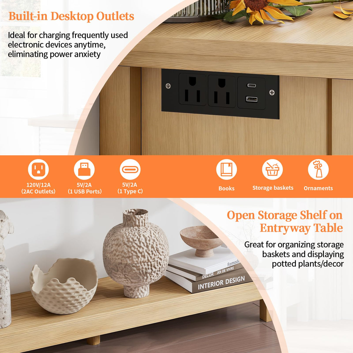 47.2" Narrow Console Table with 3 Drawers & Charging Station, Oak V7081