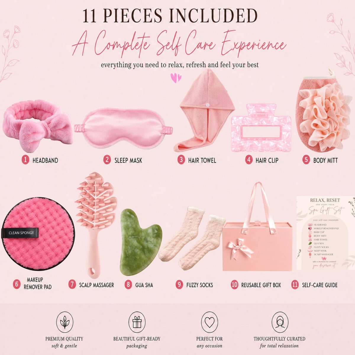 11pc Pink Spa Gift Set with Gua Sha and Sleep Mask H83744