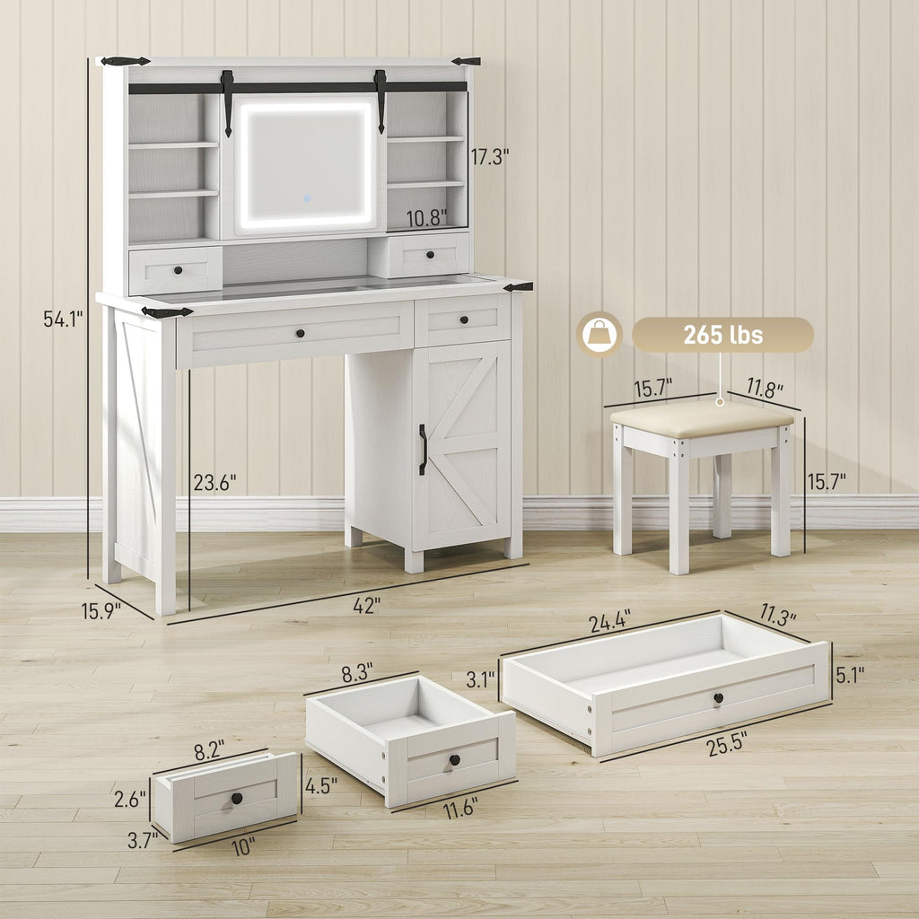 White Vanity Desk with Mirror, LED Lights, Stool S73822