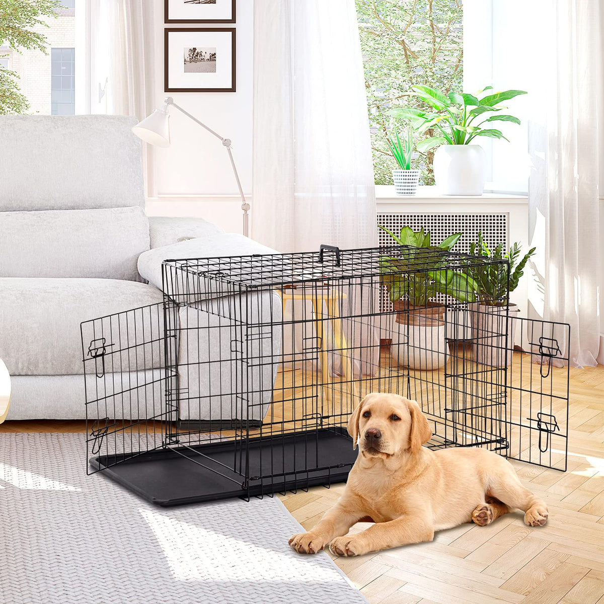 48 Inch Double Door Metal Dog Crate with Divider Panel U632299