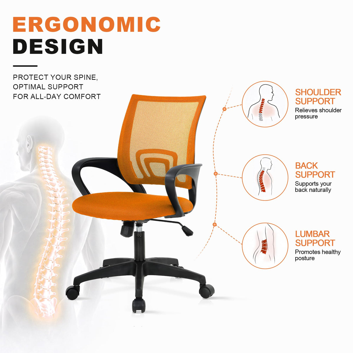 Orange Ergonomic Mesh Office Chair with Lumbar Support H245