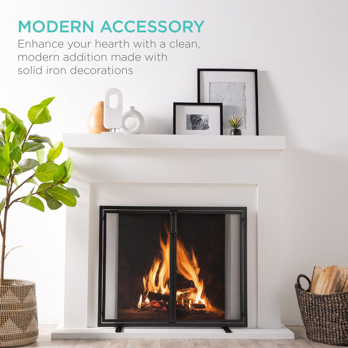 38.5x31in 2-Door Black Wrought Iron Fireplace Screen P174394