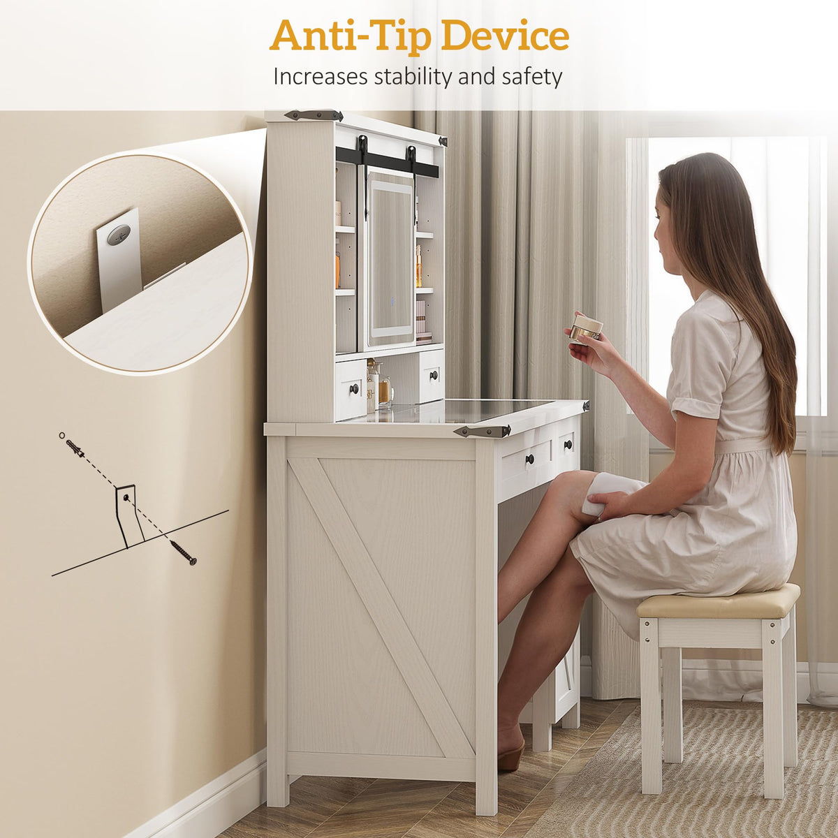 White Vanity Desk with Mirror, LED Lights, Stool S73822