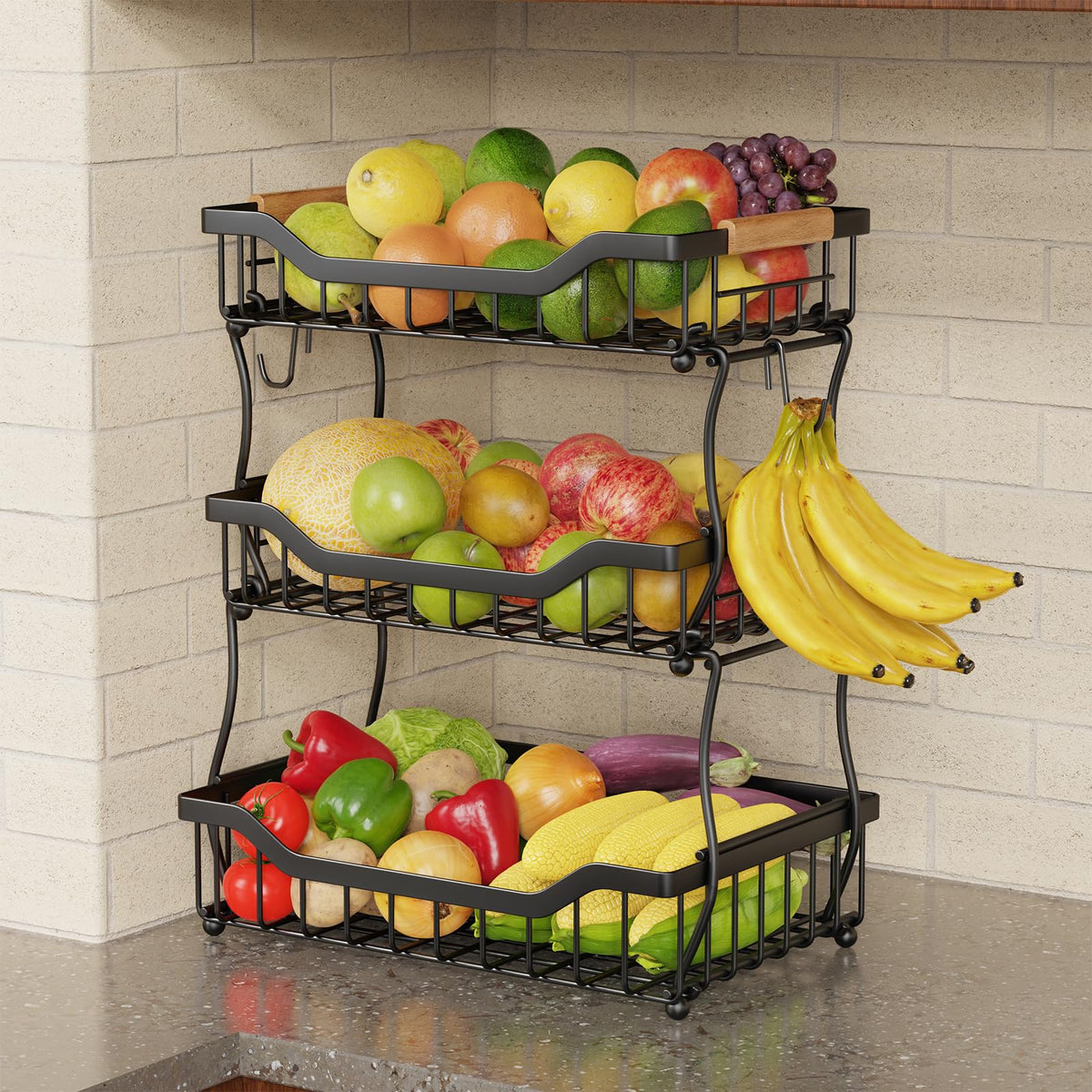3 Tier Black Metal Wire Fruit Basket E786682