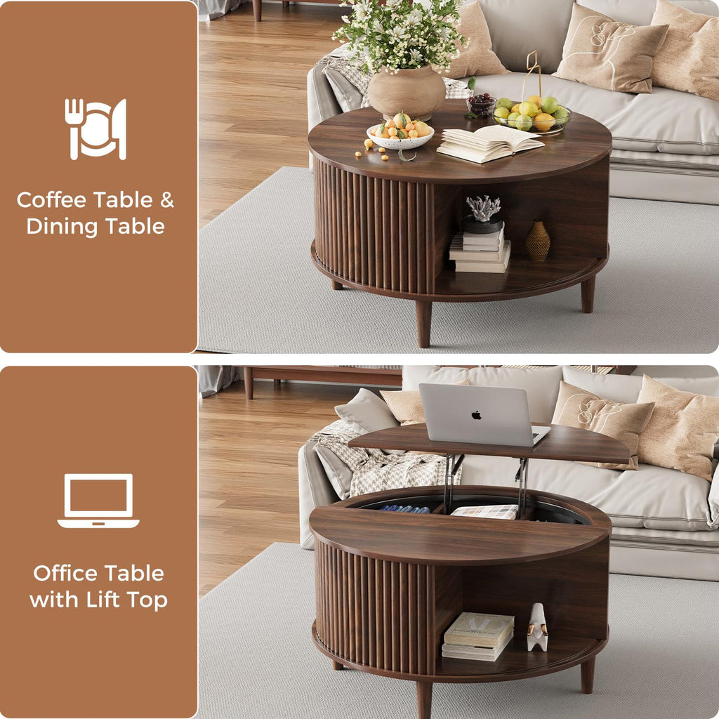 Lift Top Coffee Table with Storage, Fluted Round Center Table with Sliding Cabinet Door, Walnut R434