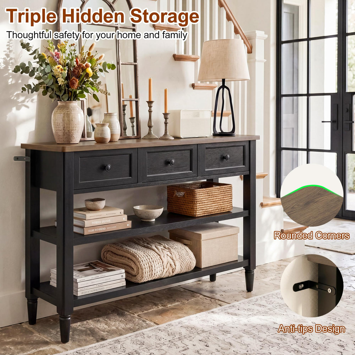 43" Narrow Console Table with 3 Drawers and 2 Shelves M4881