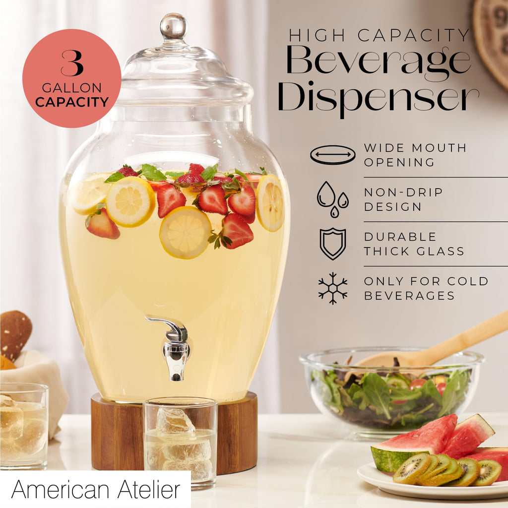 Glass Beverage Dispenser with Wood Base, 3 Gallon E7987
