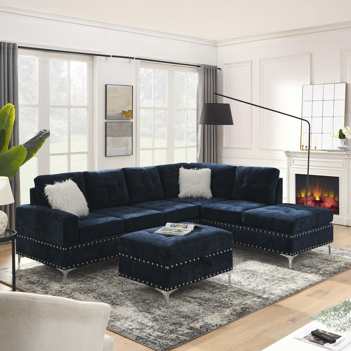 108'' Chenille Navy Blue L-Shaped Sectional Sofa with Storage Ottoman J11468