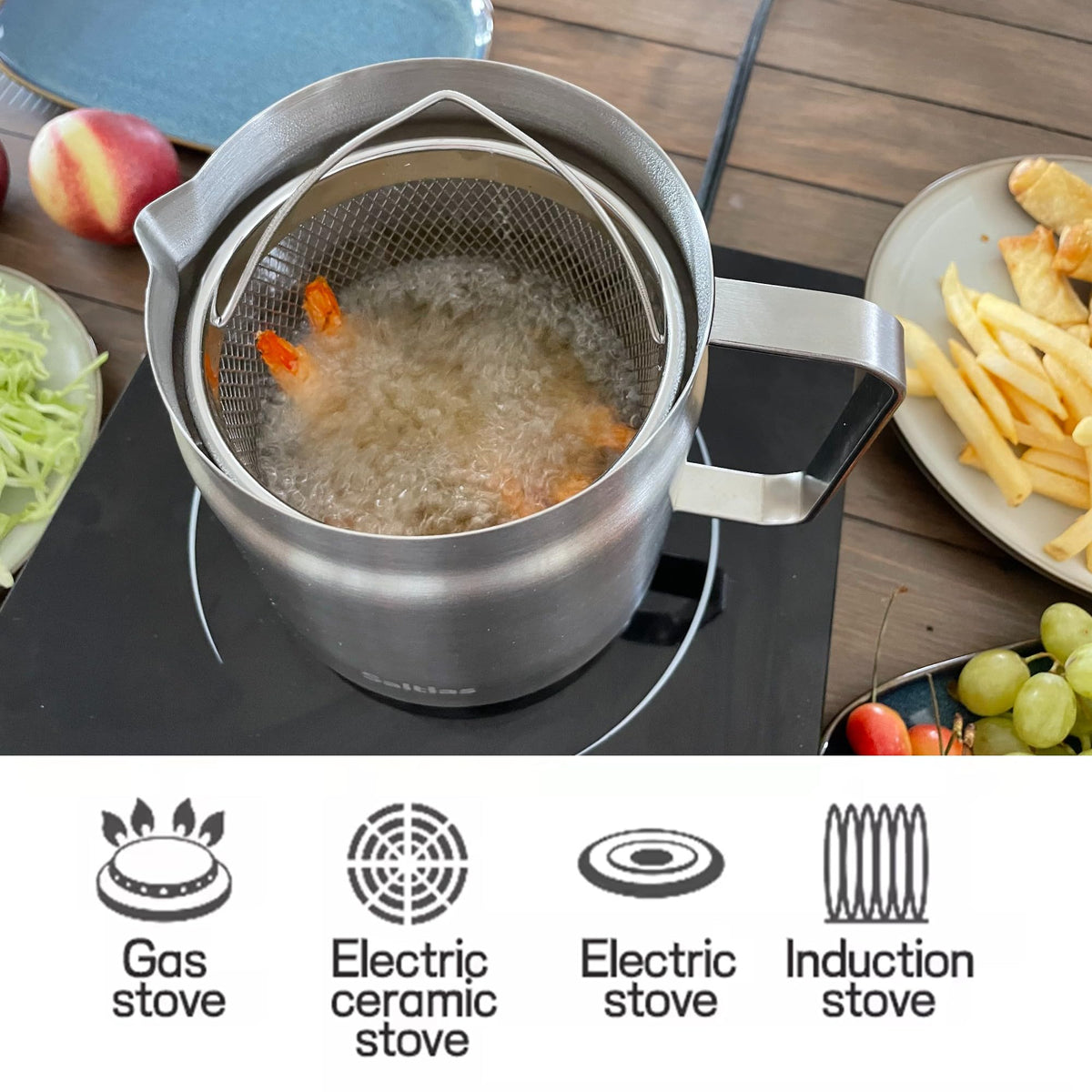 304 Stainless Steel Deep Fryer Pot with Basket and Oil Strainer, 2L Y99432