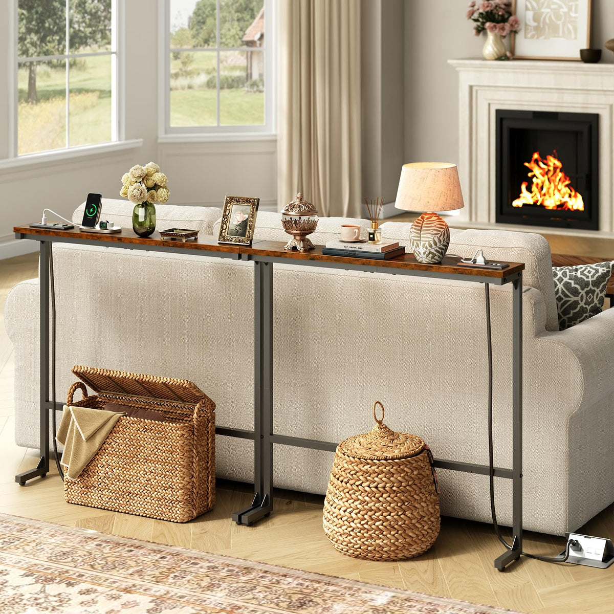 63 Inch Narrow Console Table with 2 Power Outlets A862562