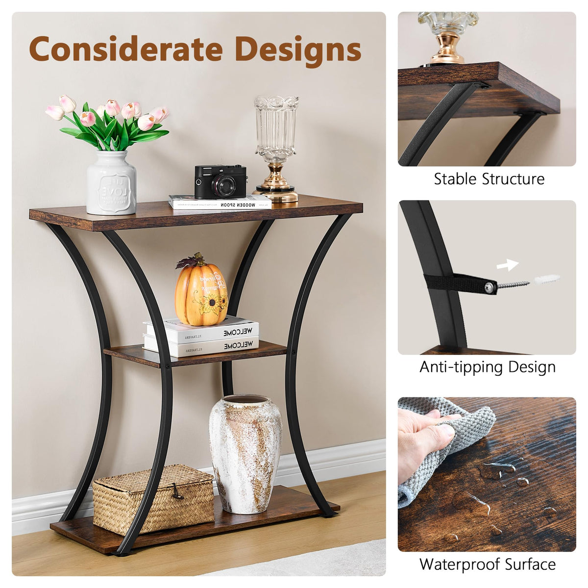 3 Tier Console Table with Open Wood Shelves C55852