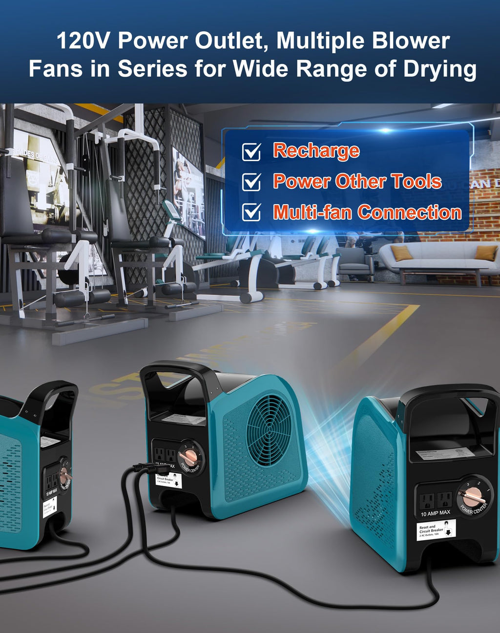 Blue 355CFM 3 Speed Air Mover Blower Fan with 2 Outlets J5381