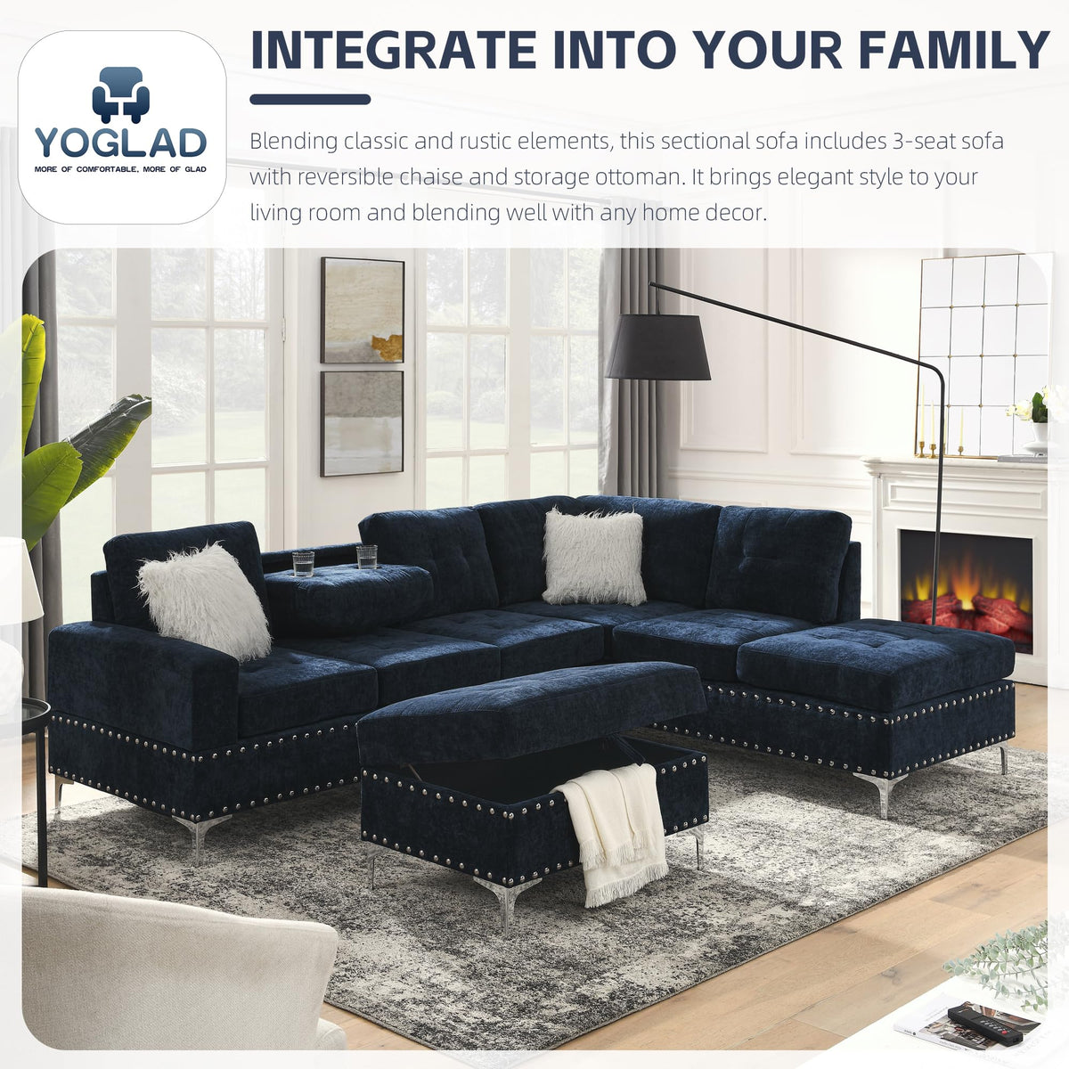 108'' Chenille Navy Blue L-Shaped Sectional Sofa with Storage Ottoman J11468