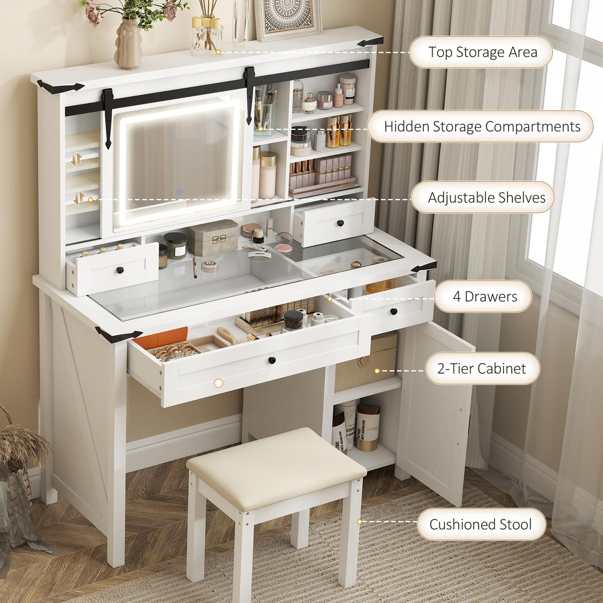 White Vanity Desk with Mirror, LED Lights, Stool S73822