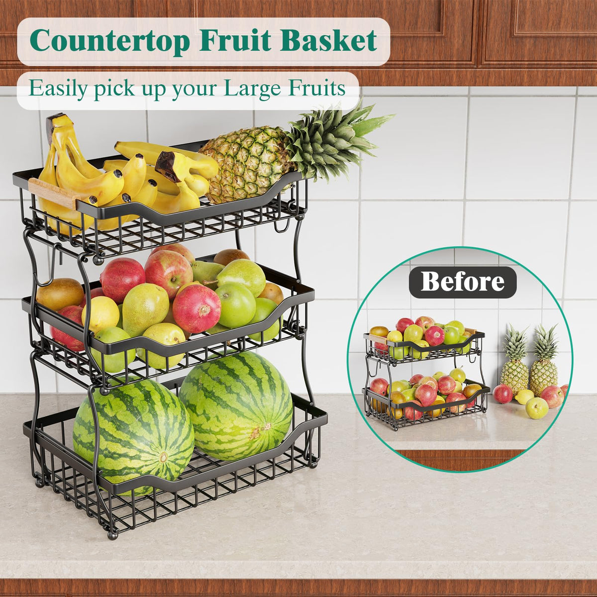 3 Tier Black Metal Wire Fruit Basket E786682
