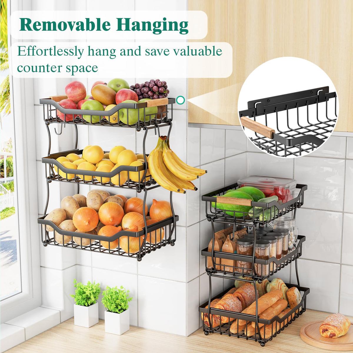 3 Tier Black Metal Wire Fruit Basket E786682