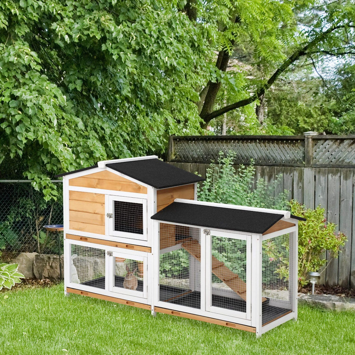 2-Story Wooden Rabbit Hutch with Ramp E25698