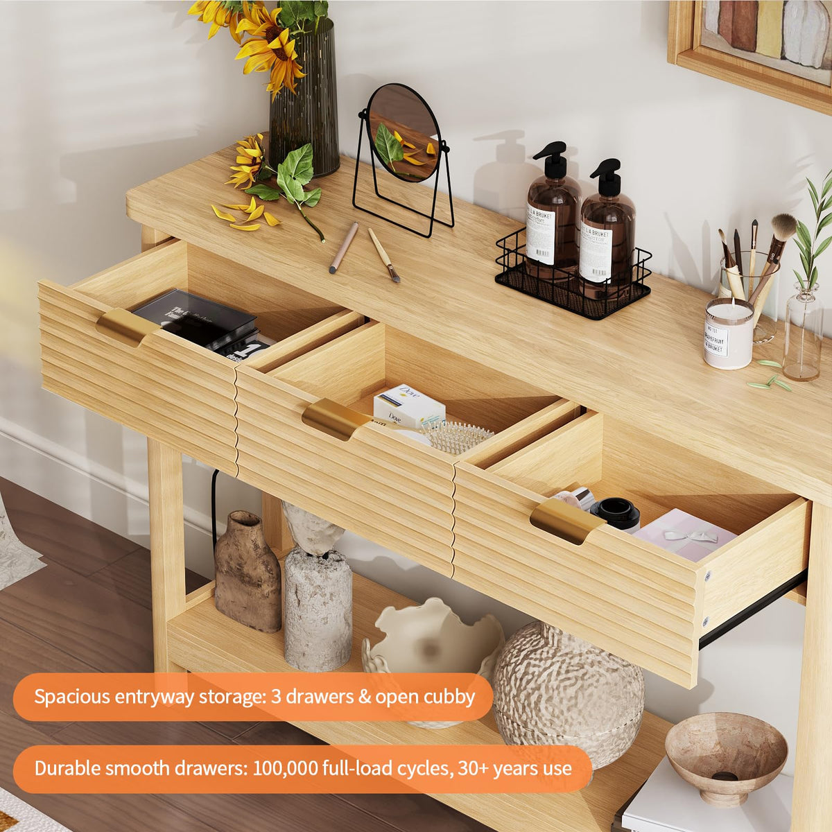 47.2" Narrow Console Table with 3 Drawers & Charging Station, Oak V7081