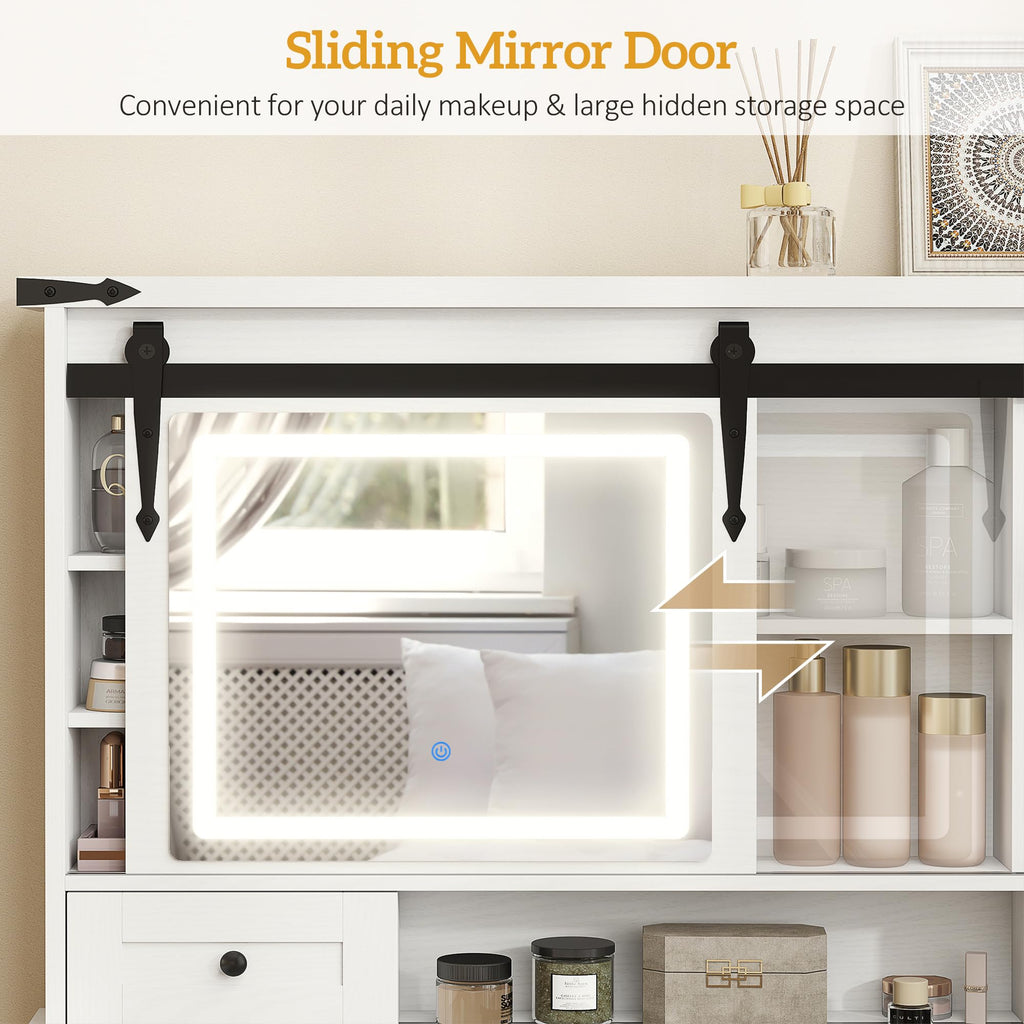 White Vanity Desk with Mirror, LED Lights, Stool S73822