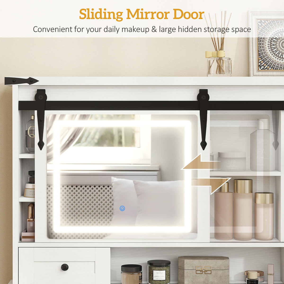 White Vanity Desk with Mirror, LED Lights, Stool S73822