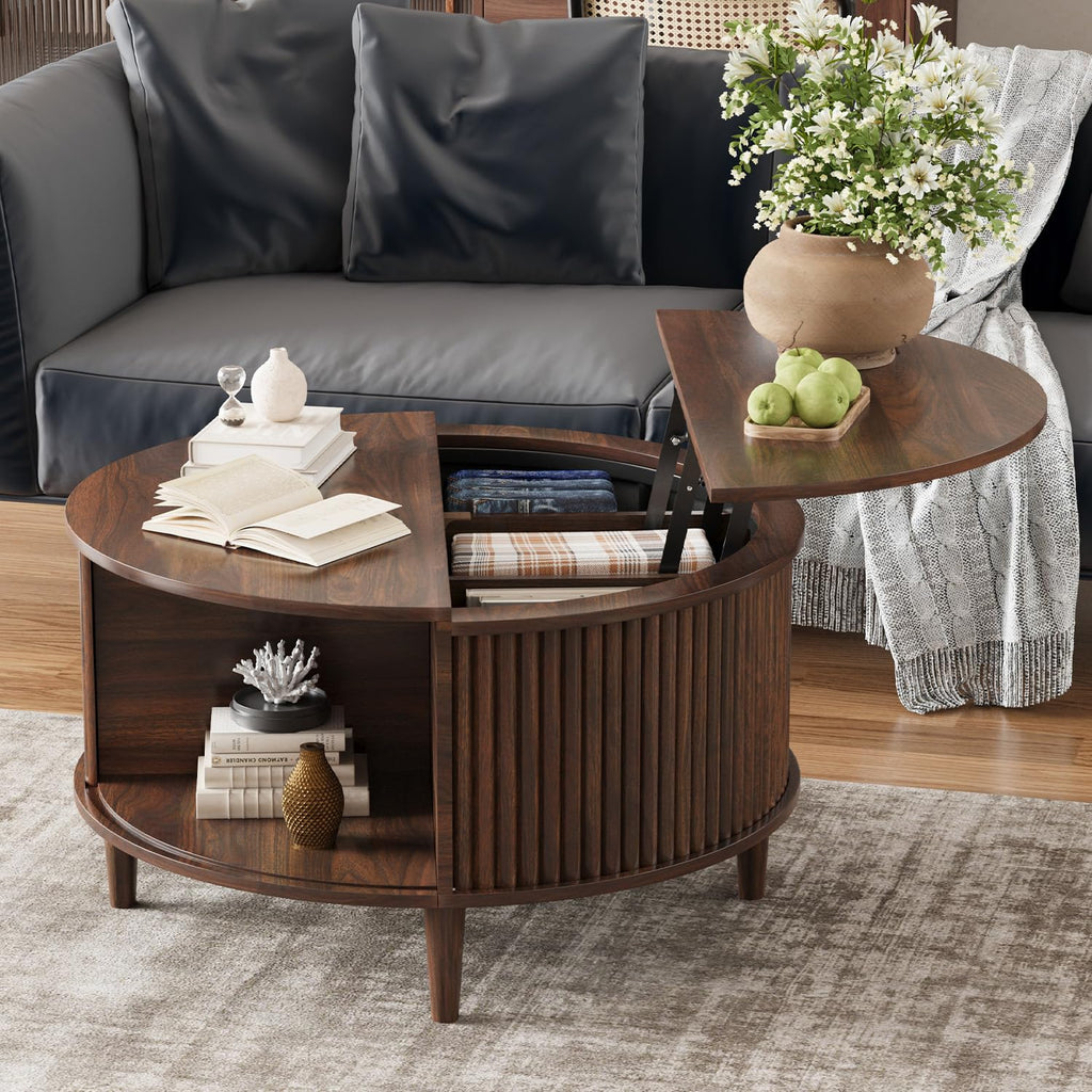 Lift Top Coffee Table with Storage, Fluted Round Center Table with Sliding Cabinet Door, Walnut R434