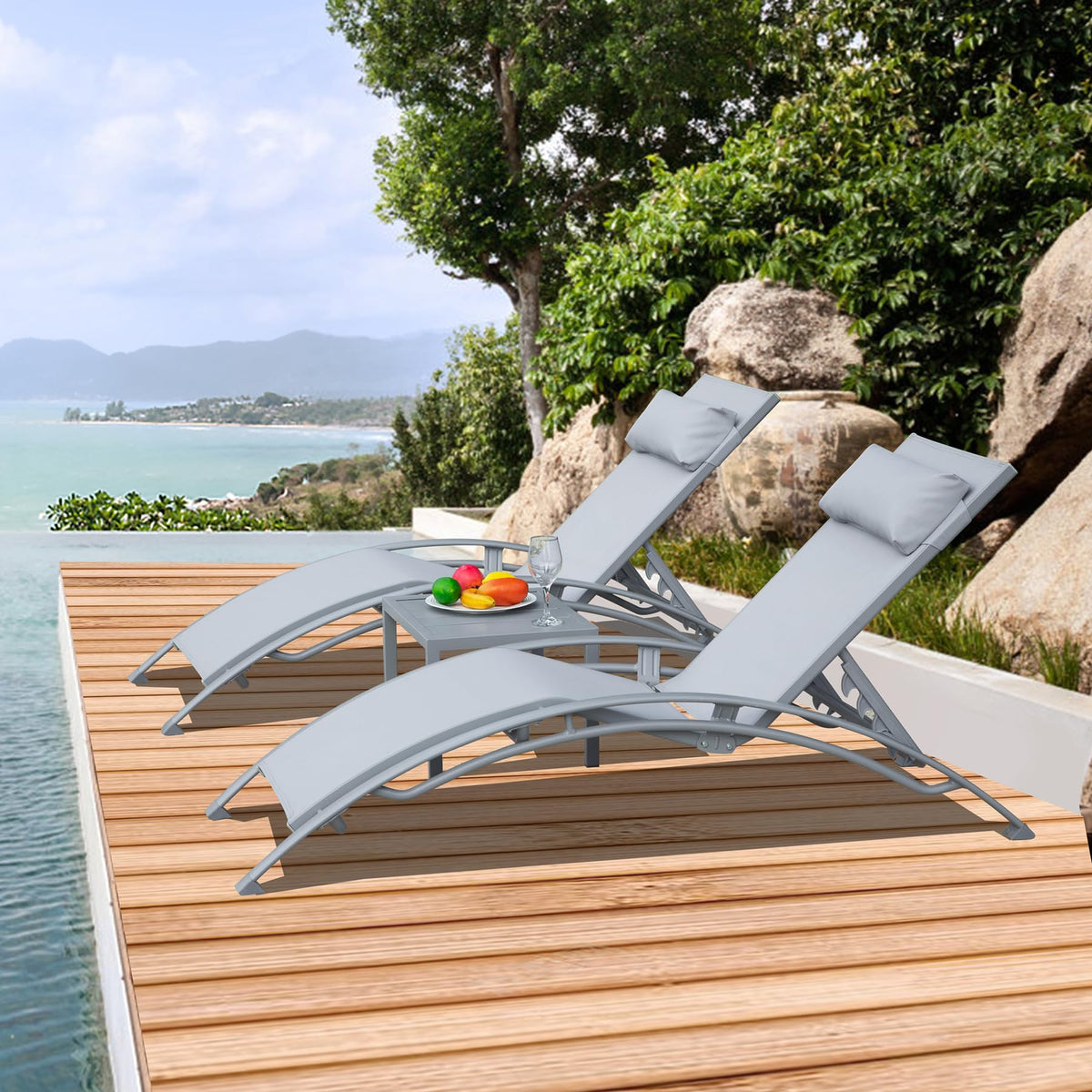 Adjustable Aluminum Pool Lounge Chairs Set of 3 with Side Table G981