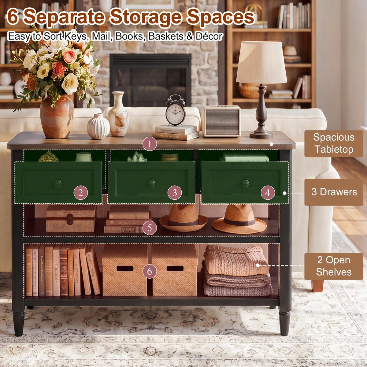 43" Narrow Console Table with 3 Drawers and 2 Shelves M4881