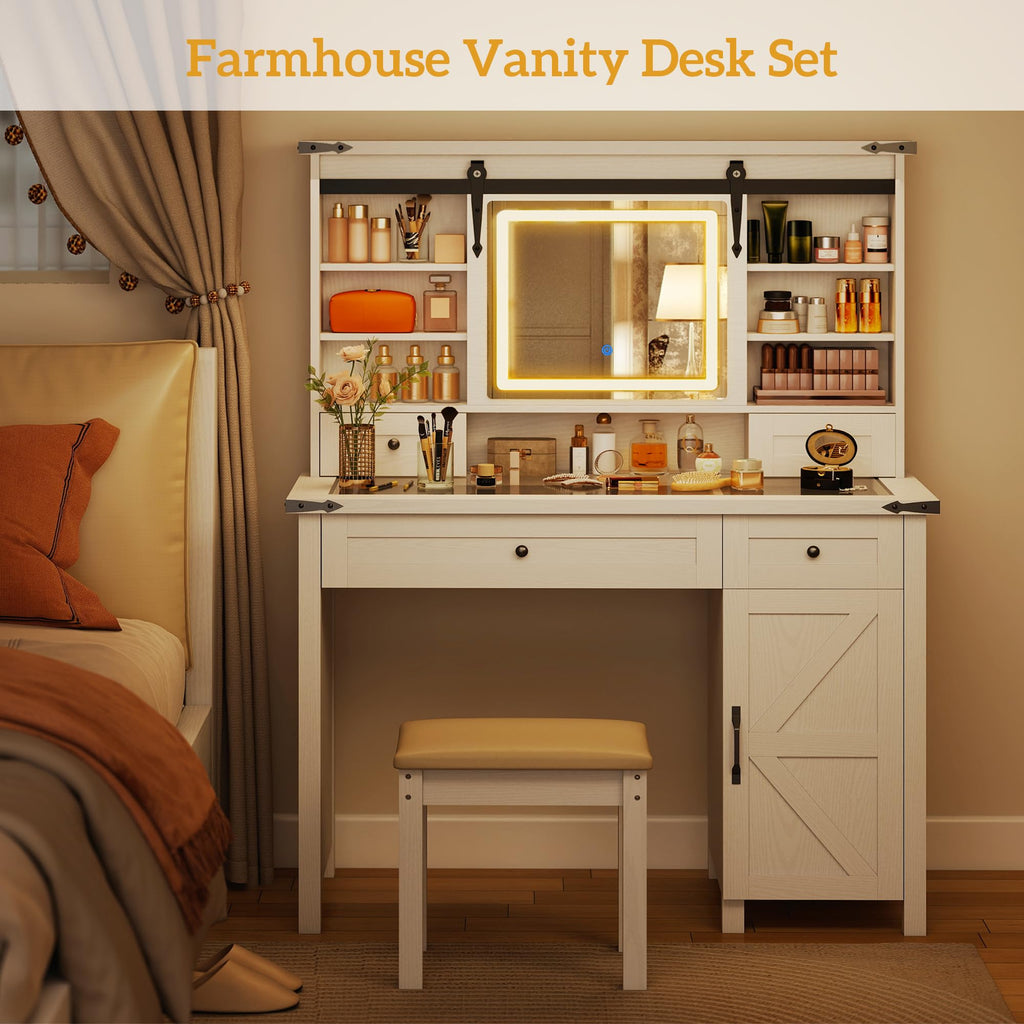 White Vanity Desk with Mirror, LED Lights, Stool S73822