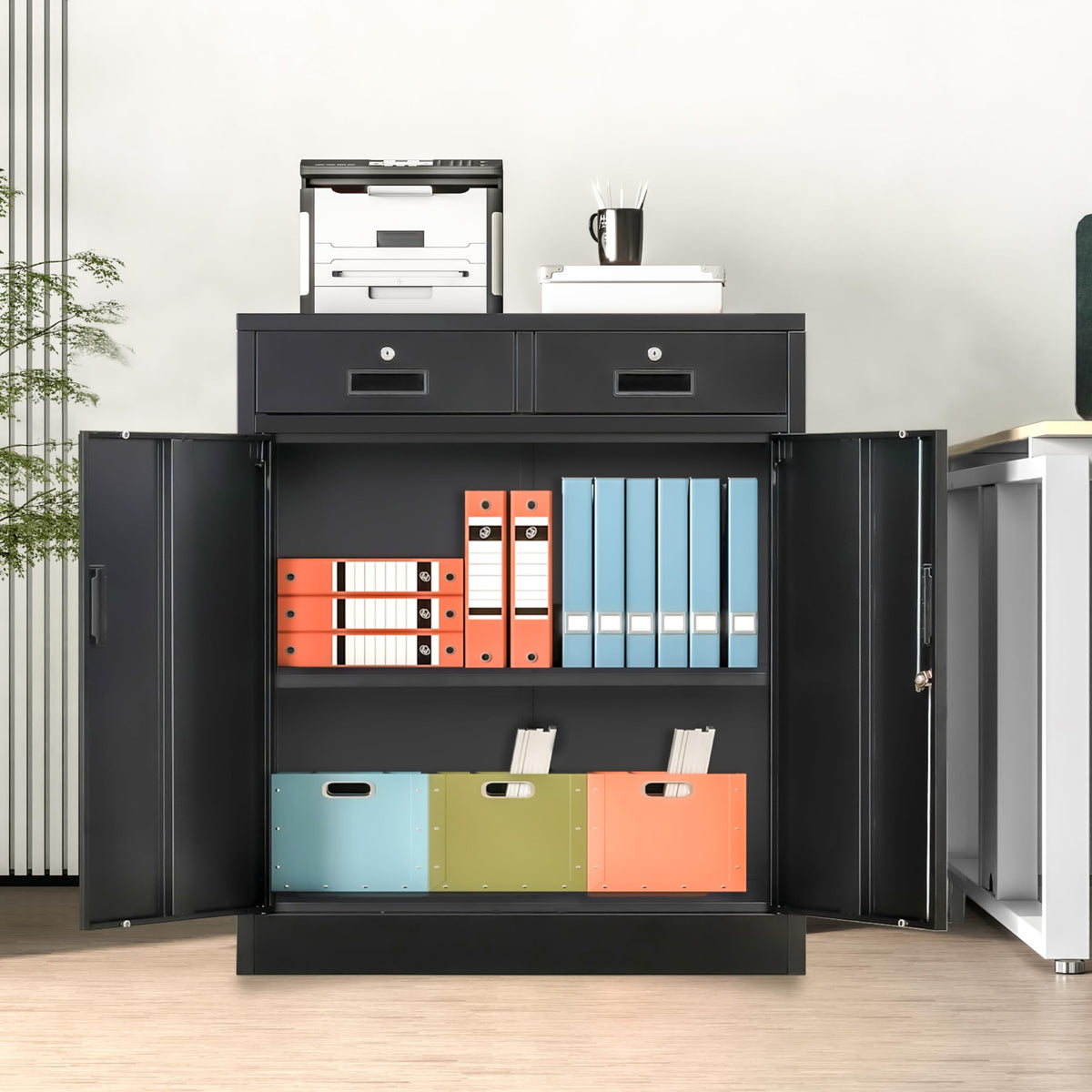 Metal Locking Storage Cabinet with 2 Drawers and Adjustable Shelf U997