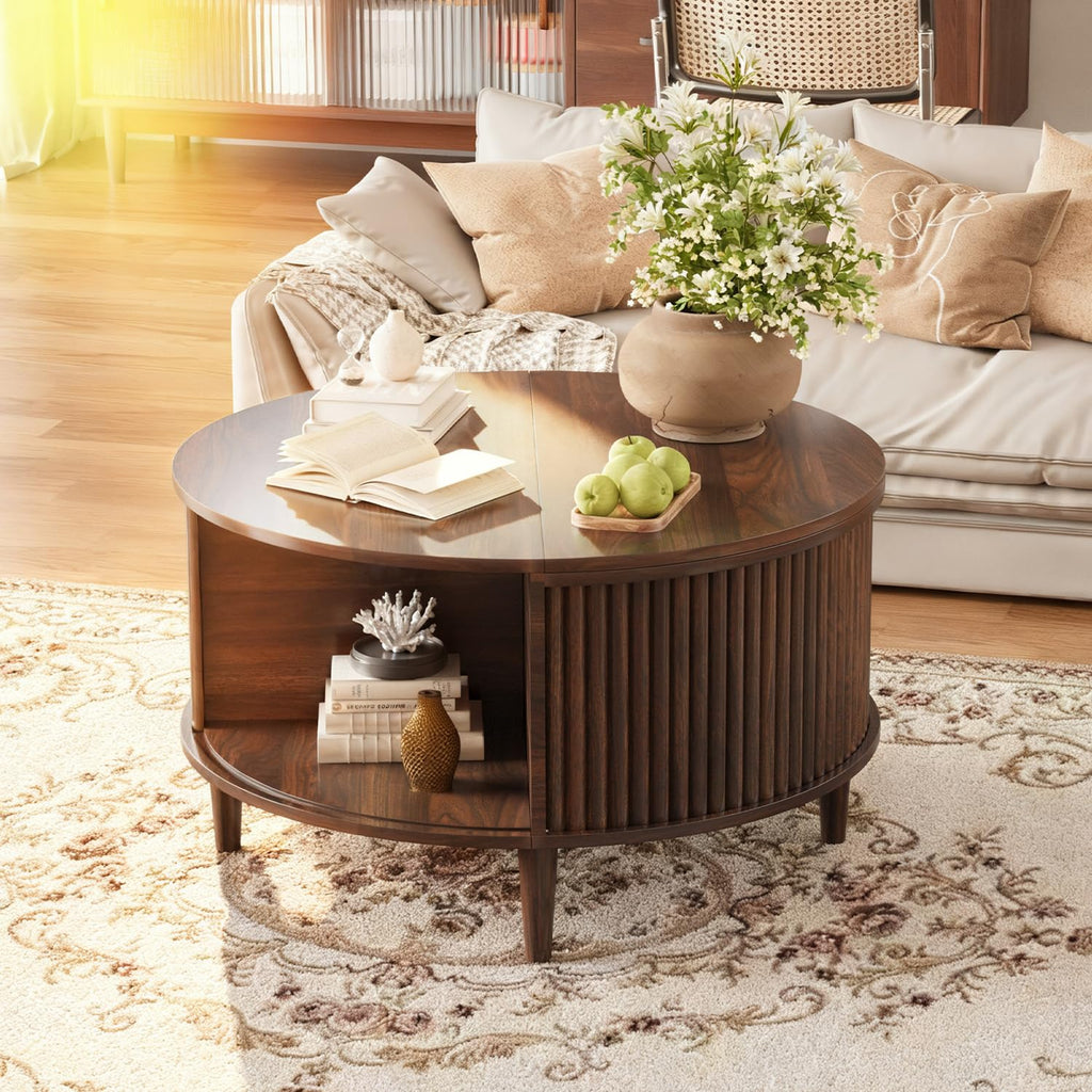 Lift Top Coffee Table with Storage, Fluted Round Center Table with Sliding Cabinet Door, Walnut R434