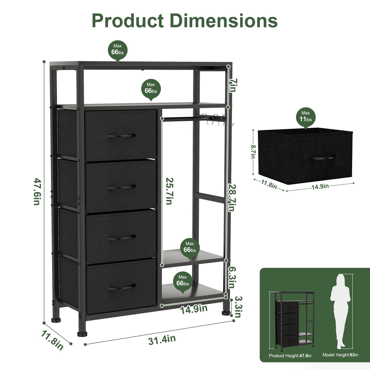 31.5" Dresser with Hanging Rack J24930