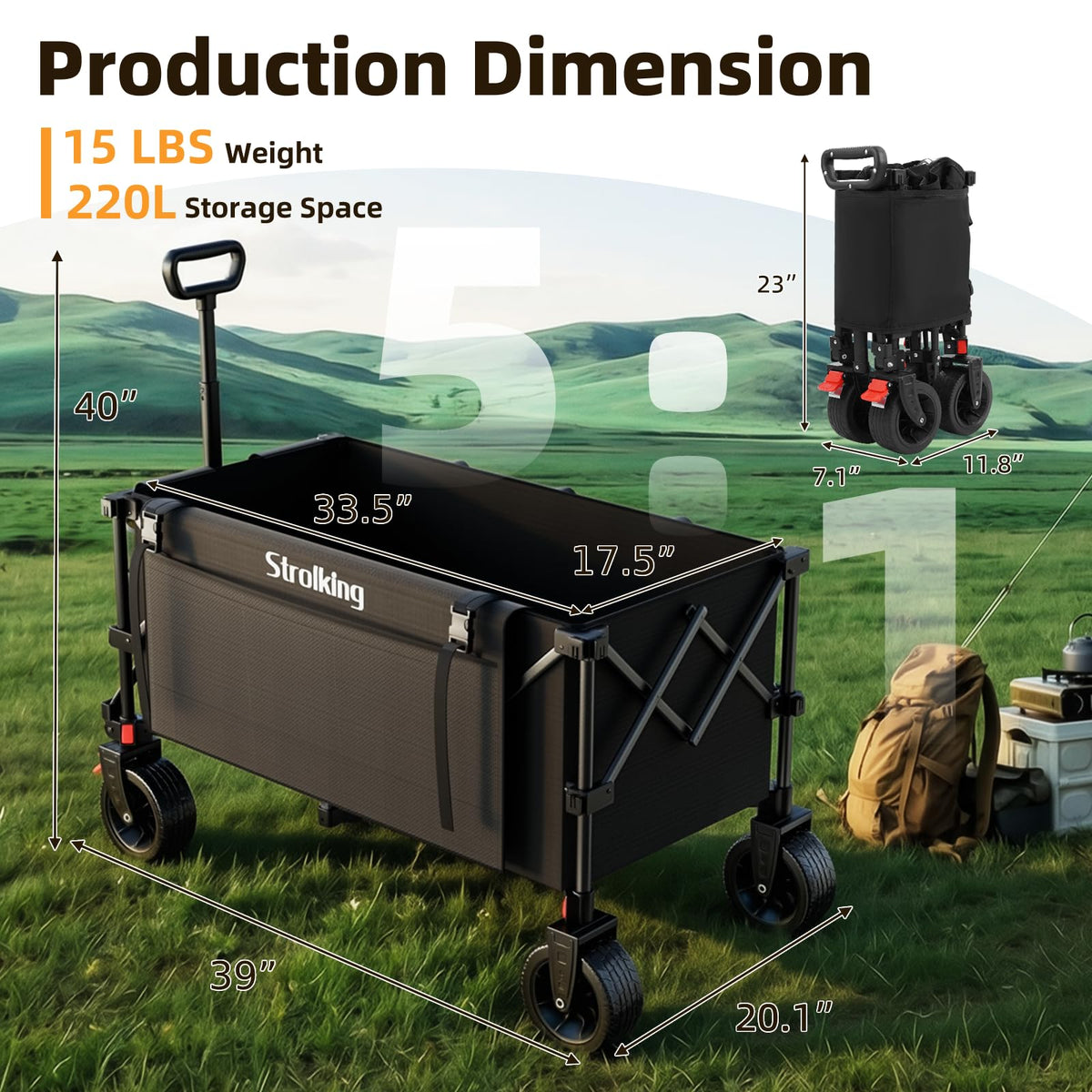 220L Collapsible Heavy Duty Folding Wagon Cart with All-Terrain Wheels F7488