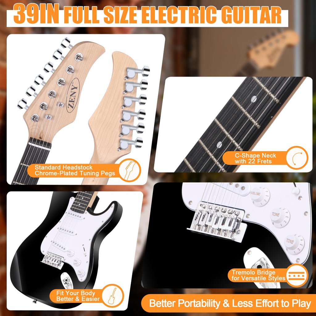 39in Full Size Electric Guitar with 10W Amp, Case and Accessories Pack, Black B924658