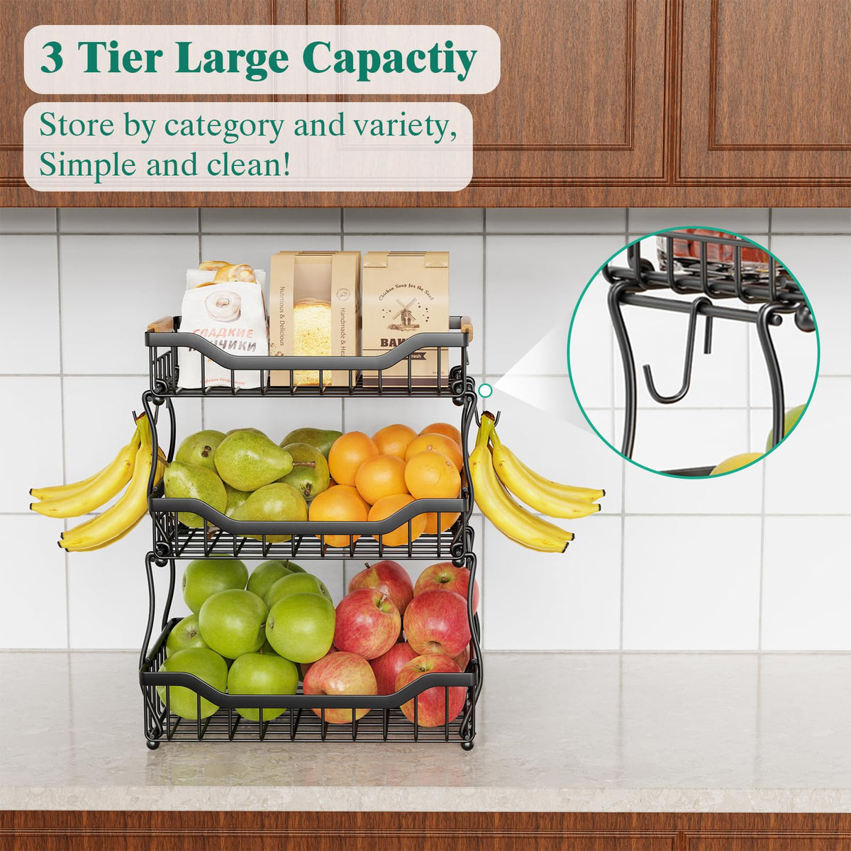 3 Tier Black Metal Wire Fruit Basket E786682