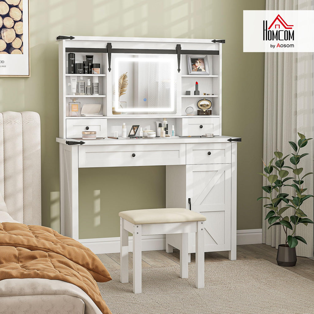 White Vanity Desk with Mirror, LED Lights, Stool S73822