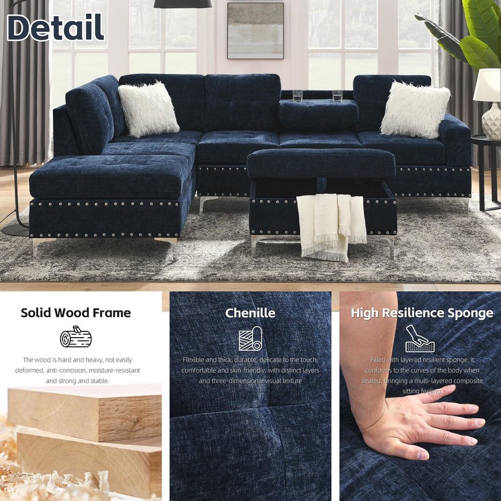 108'' Chenille Navy Blue L-Shaped Sectional Sofa with Storage Ottoman J11468