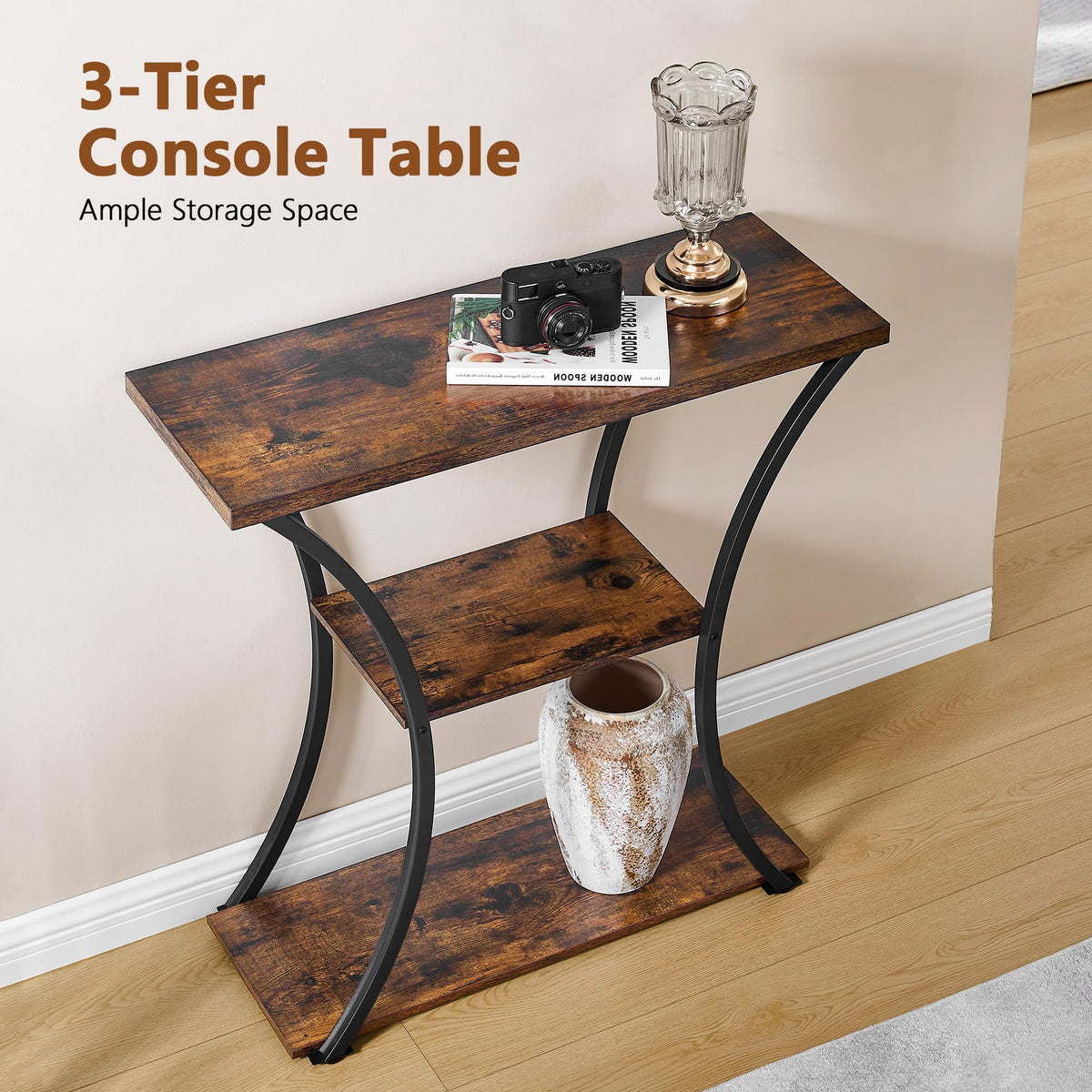 3 Tier Console Table with Open Wood Shelves C55852