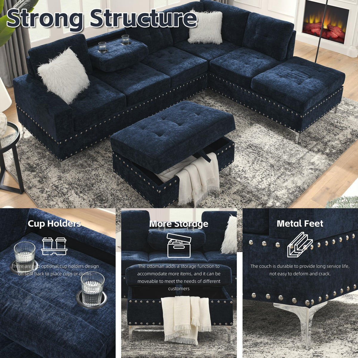 108'' Chenille Navy Blue L-Shaped Sectional Sofa with Storage Ottoman J11468